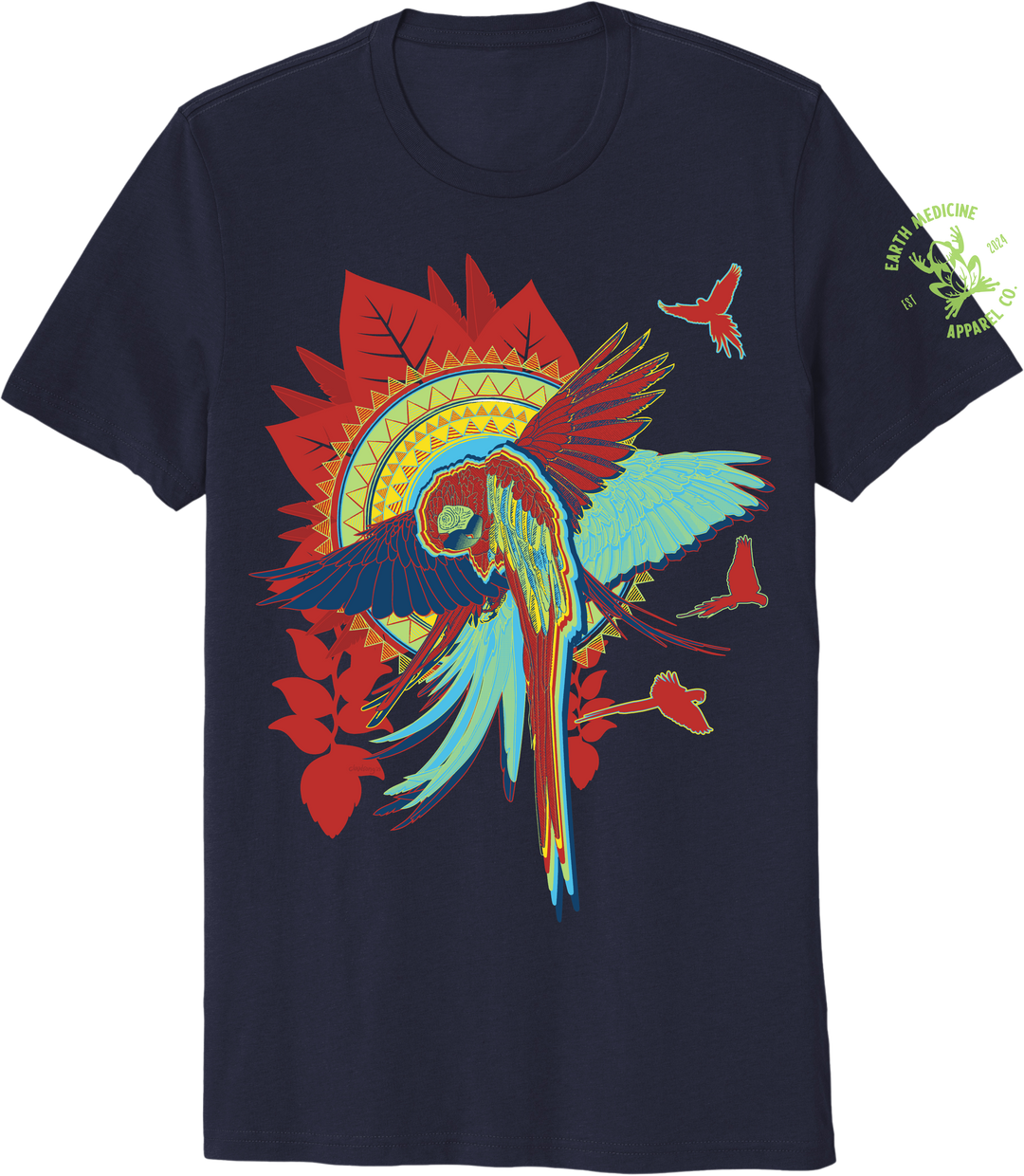 Navy blue t-shirt with a colorful parrot design on a white background