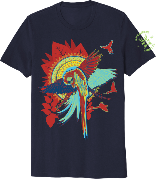Navy blue t-shirt with a colorful parrot design on a white background