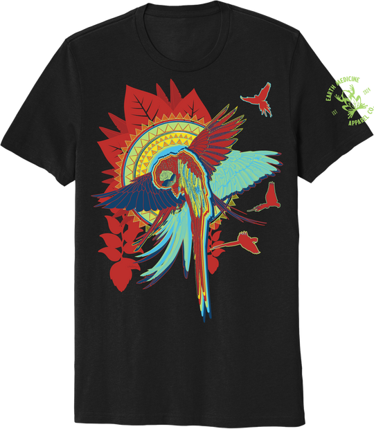Black t-shirt with a colorful parrot design on a white background