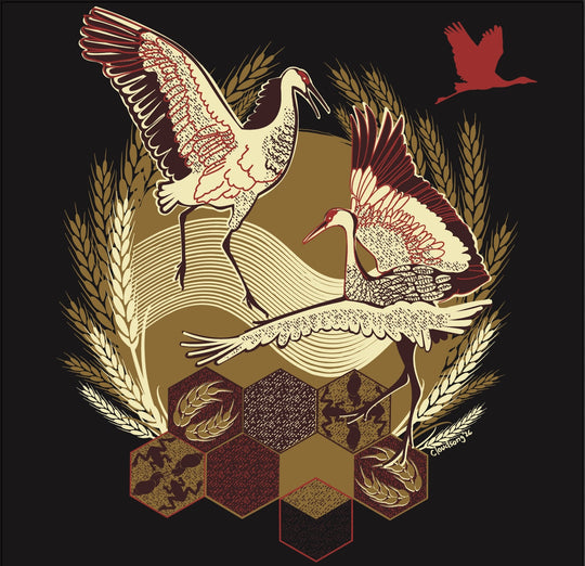 Two stylized birds in flight with a geometric pattern and foliage on a black background