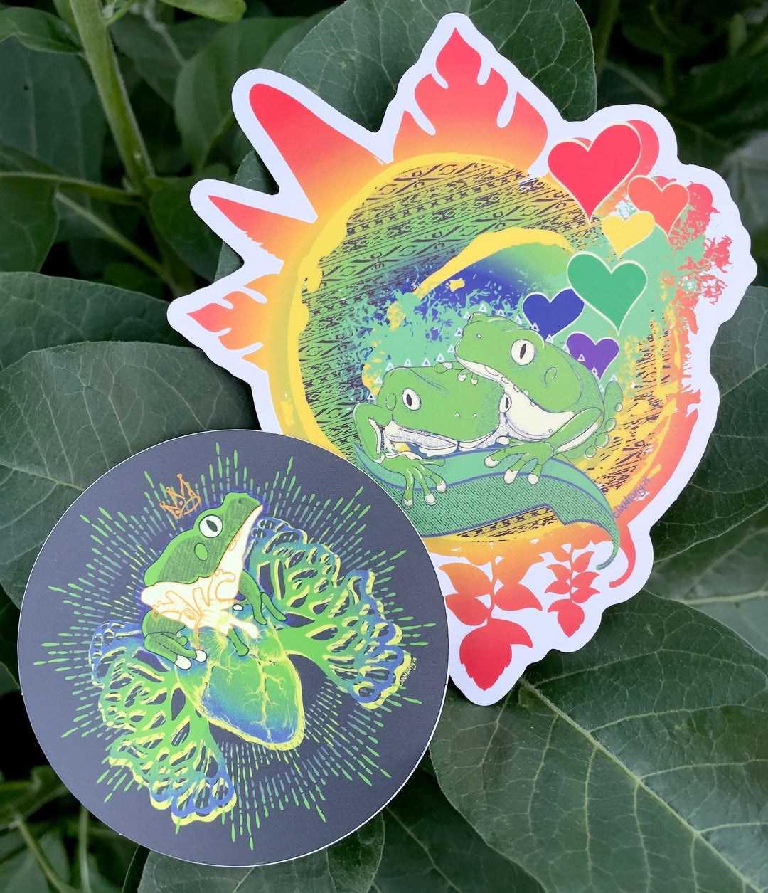Two colorful stickers featuring a green frog design on a leafy background