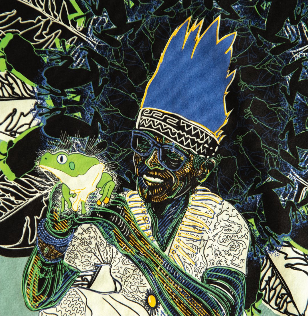Artistic depiction of a person with a blue headdress holding a frog, surrounded by frog and leaf patterns