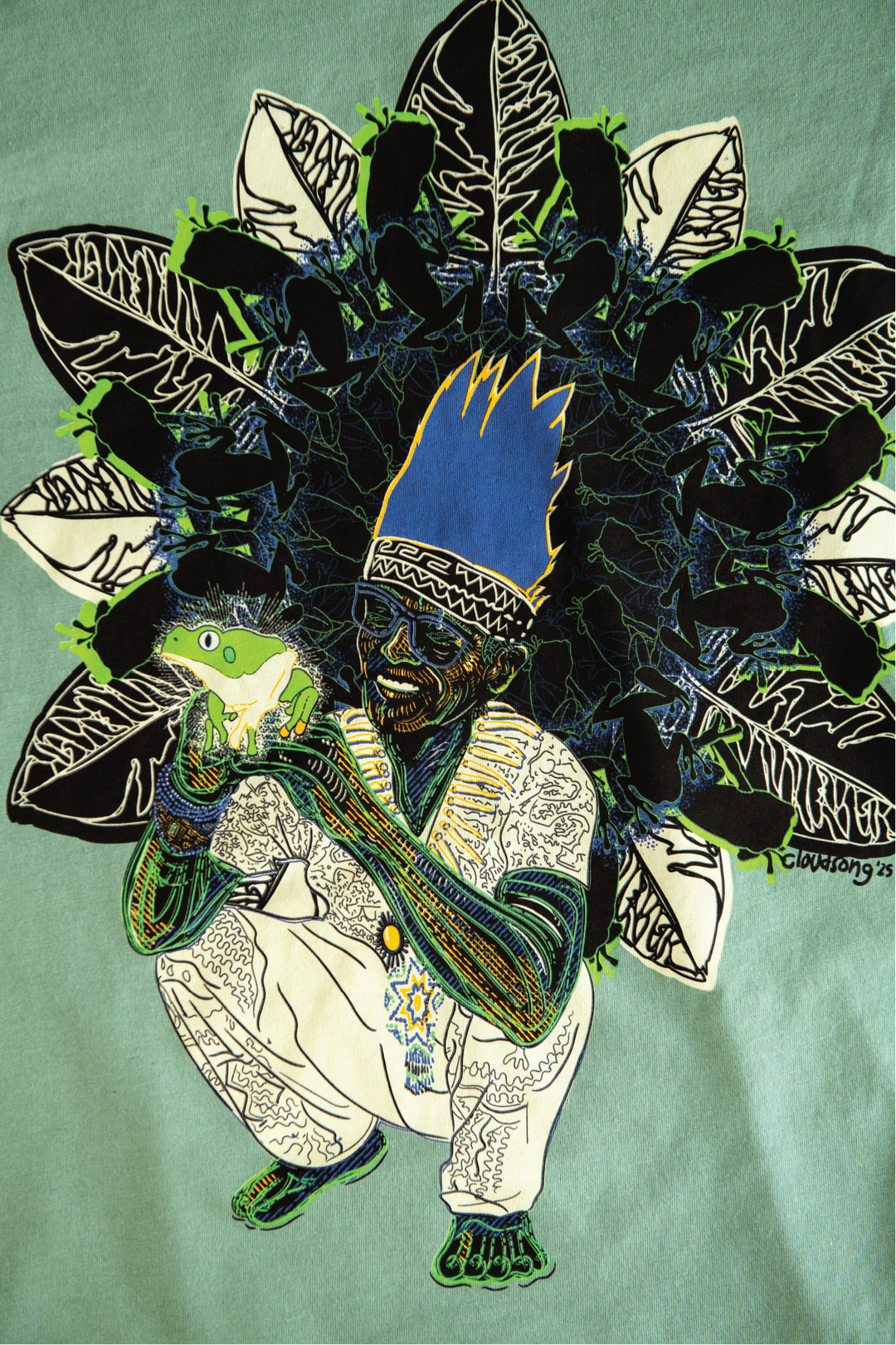 Artistic depiction of a figure holding a frog with leaf-like patterns on a green background