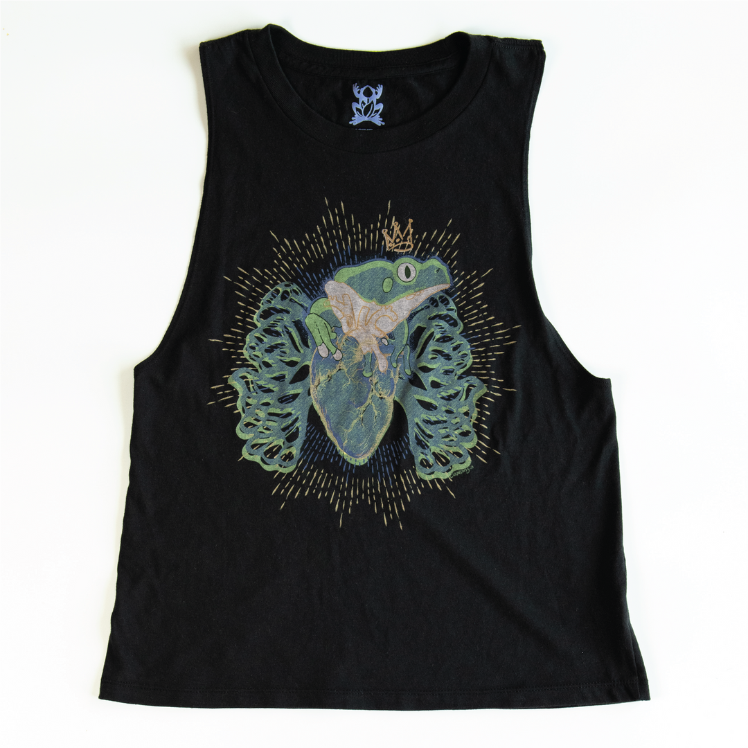 Graphic design of a frog with a crown human. heart, lungs on a black women's muscle tank with a white background.