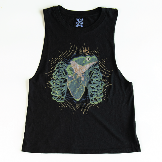Graphic design of a frog with a crown human. heart, lungs on a black women's muscle tank with a white background.