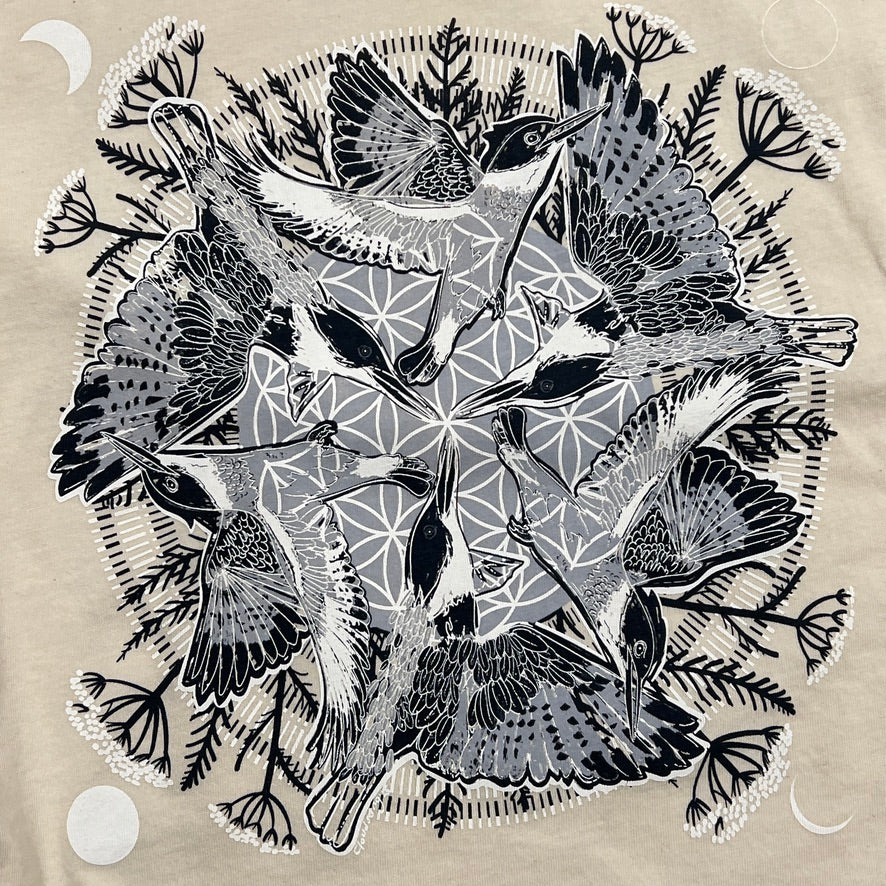 Black and white illustration of birds and foliage on a beige background