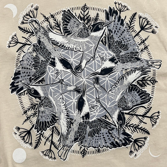 Black and white illustration of birds and foliage on a beige background