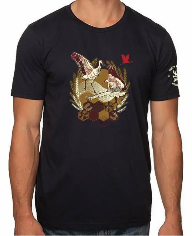 Black t-shirt with a graphic design of birds and geometric shapes on a white background