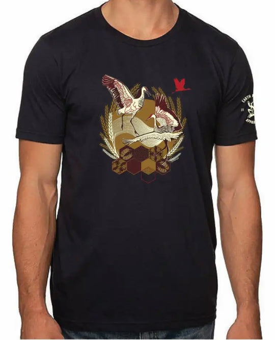 Black t-shirt with a graphic design of birds and geometric shapes on a white background