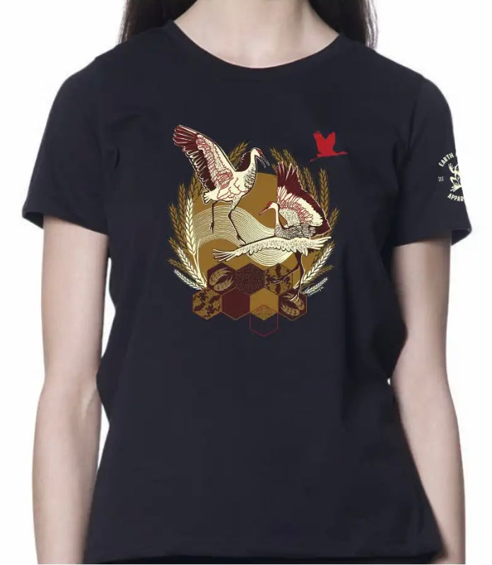 Black t-shirt with a colorful graphic design on a white background