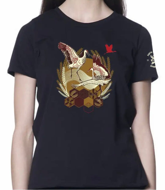 Black t-shirt with a colorful graphic design on a white background