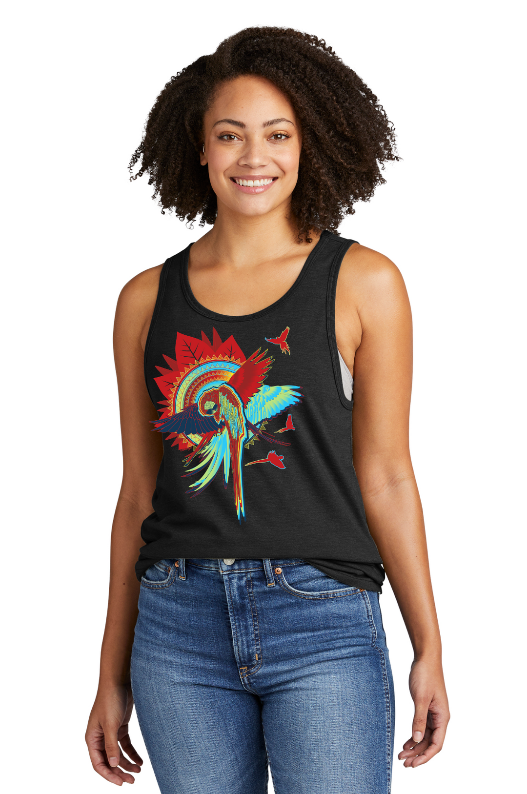 Woman wearing a black tank top with a colorful parrot design on a white background