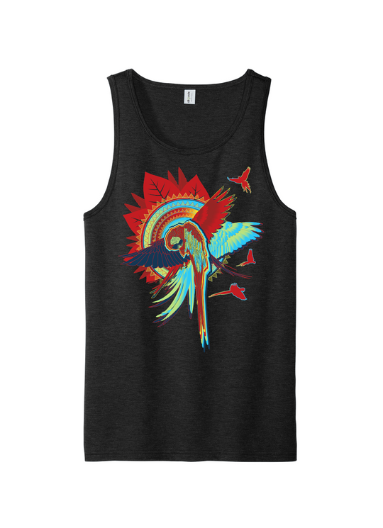 Black tank top with colorful parrot design on a white background