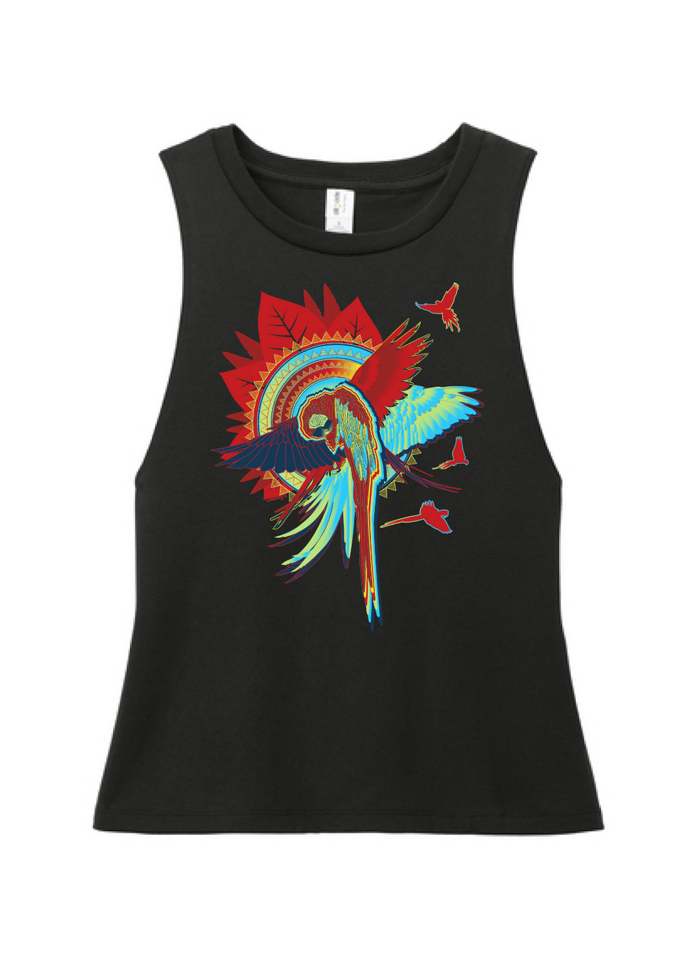 Black tank top with a colorful parrot design on a white background