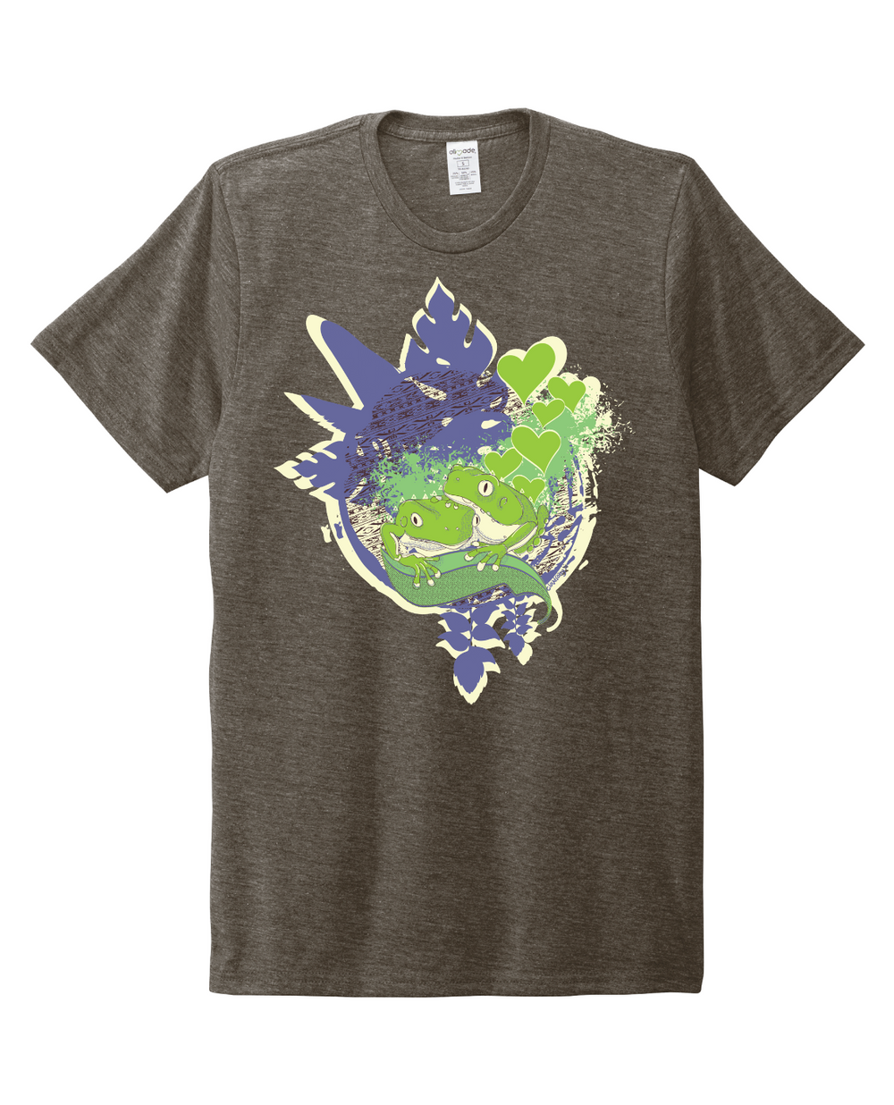 Gray t-shirt with a colorful graphic design on a white background