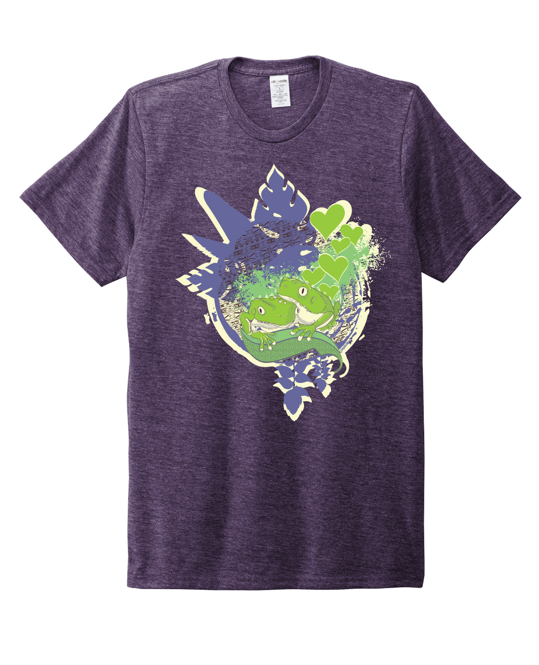 Purple t-shirt with a colorful graphic design on a white background