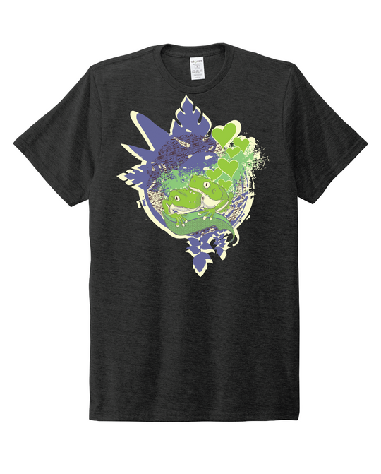 Black t-shirt with a colorful graphic design on a white background
