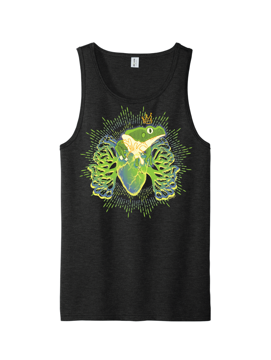 Black tank top with a frog and heart design on a white background