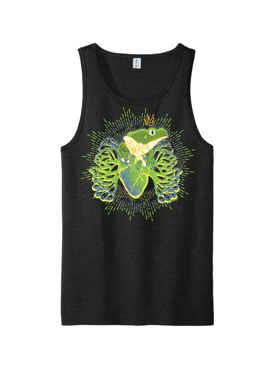 Black tank top with a frog and heart design on a white background